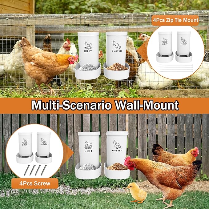 2 Pack Chicken Grit Feeder and Oyster Shell Feeder Combo，Heavy-Duty PVC Chicken Feeder with Large Capacity，Gravity Automatic Filling of Chicken Coop Accessories for Healthier Hens and Eggs.