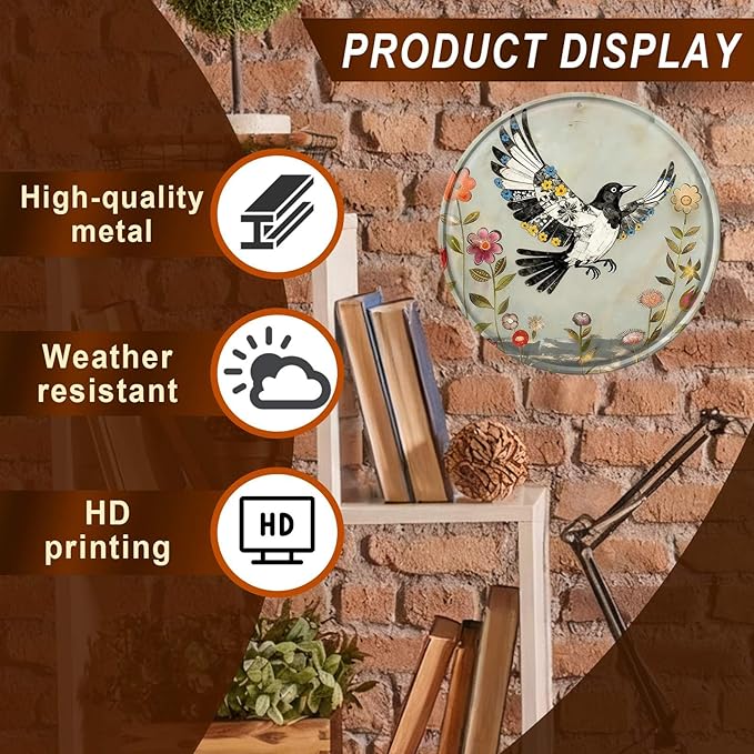 Bird Round Metal Tin Sign Wreath Farm Flowers Rustic Vintage Wall Art Decor for Garden Porch Yard Farmhouse Outdoor Decor 12x12inch