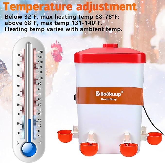 30 Inch Thermostatical Chicken Water Bucket Belt Heater, Silicone Chicken Waterer Heat Strap with 6.6 Ft Power Cord, Self-Regulating Poultry Water Heater Band for 2-5Gal Bucket Prevent Freezing