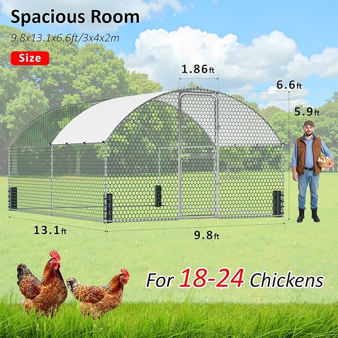 Large Metal Chicken Coop, Walk-in Chicken Run with Feeding Door, Security Lock and Cover, Outdoor Duck/Rabbit Cage Poultry Pen for Backyard, Farm, Yard (Silver - Dome Roof, 13.1 x 9.8 x 6.6 FT)