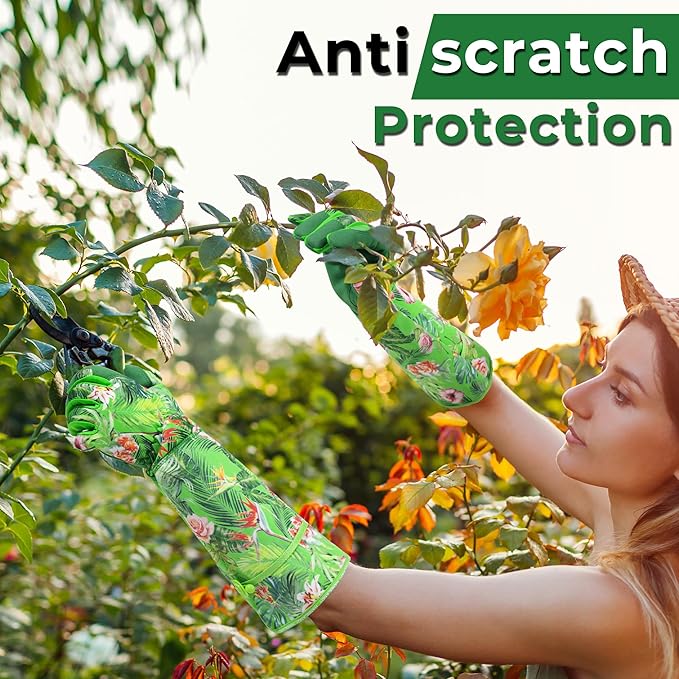 HANDLANDY Women Gardening Gloves, Scratch Resistant Breathable Ladies Rose Pruning Long Gauntlet Floral Print Garden Yard Gloves, Gift for Gardeners (Grass Green, M)