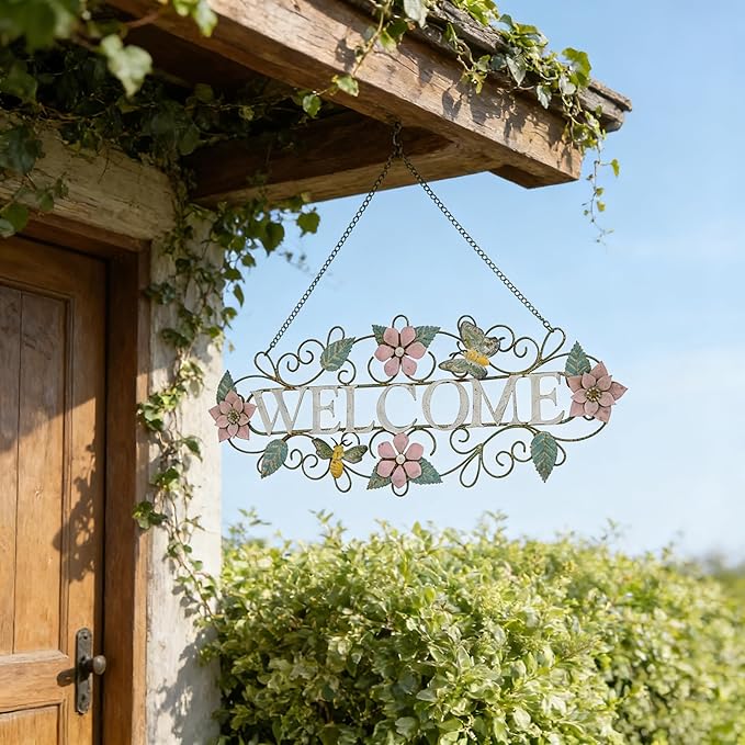 Queltharion 23.6'' L Vintage Metal Welcome Sign Hanging Decor Rustic Distressed Butterfly Bee Flora Welcome Wall Art Decoration for Outdoor Front Door Garden Farmhouse Porch Patio Yard Plaque Pink