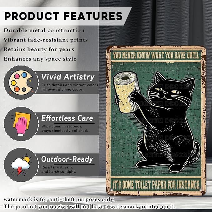 Black Cat Bathroom Metal Tin Sign You Never Know What You Have Until It's Gone Vintage Wall Art Funny Toilet Wall Decor for Home Cafes Office Store Decoration 12 * 8inch