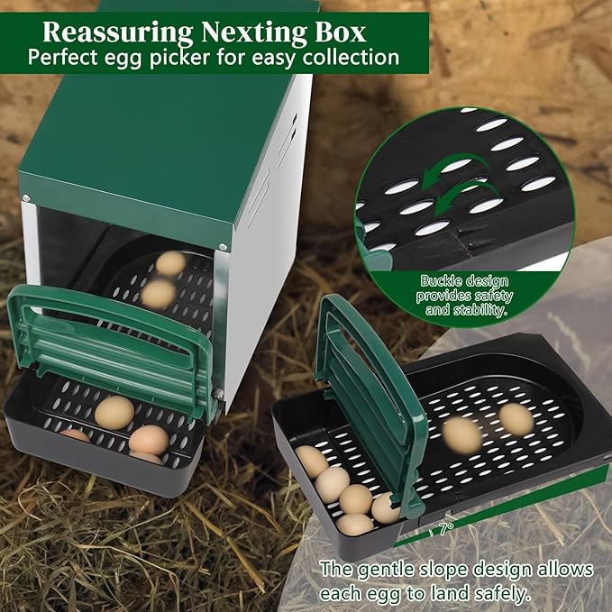 Chicken Nesting Boxes, Single Roll Out Poultry Brooder Box with Plastic Basket, Strong and Durable Single Compartment Chicken Laying Box, Perch Cover for Hen, Chicken Coop (Green)