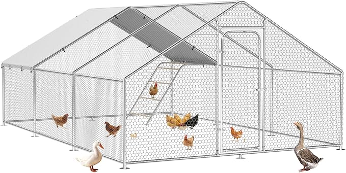Large Metal Chicken Coop with Perch, Chicken Run Pen Walk-in Poultry Cage with Waterproof & Anti-Ultraviolet Cover for Outdoor Farm Use,Spire Roof(19.7" W x 13.1" L x 6.4" H)