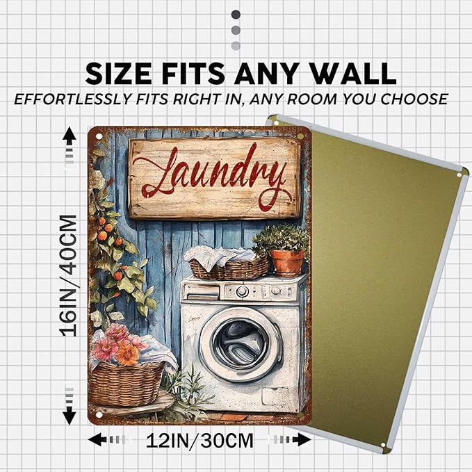 Retro Laundry Room Tin Sign Vintage Metal Sign Funny Nostalgic Wall Decor Wall Art For Home Bathroom Toilet Indoor Shop Basement Washroom Cafes Bar 16 * 12In