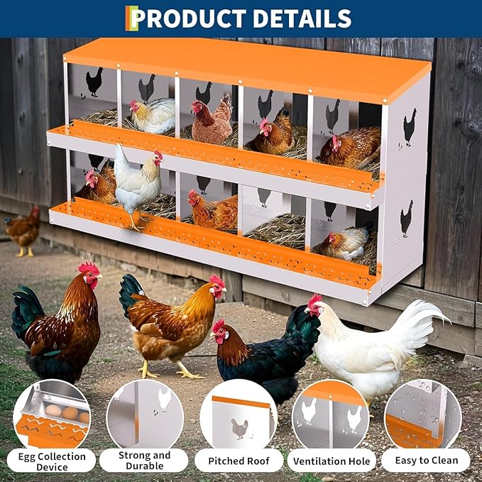 Chicken Nesting Box, 10 Compartments Laying Boxes for Chicken Hens Poultry Protect Eggs Chicken Coop Wall Mount Metal Nest Box for Chicken Coop