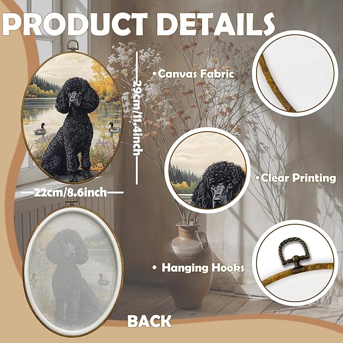 CUANFDDSF Vintage Black Poodle Oval Wall Art Decor, Poodle Gifts for Women Wall Hanging Decor, Cottage Core Farmhouse Lakeside Dog Duck Framed Canvas Prints for Home Bedroom Living Room, 8.6x11.4 Inch