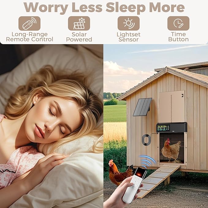 Automatic Chicken Coop Door Solar Powered with Remote Control, Timer and Light Sensor, 5 Modes, Color LCD Display, Aluminum Chicken Door with Adjustable Anti-Pinch