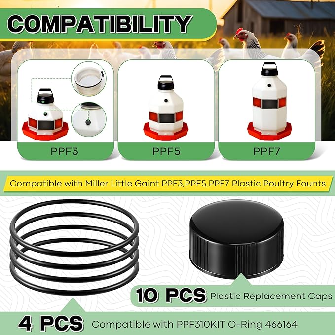 Poultry Fountain Renewal Waterer Parts, 10 Replacement Caps & 4 O Rings, Compatible with Miller PPF3/PPF5/PPF7 & Compatible with Farm-Tuff 3/5/7 Gallon Poultry Founts(Black)