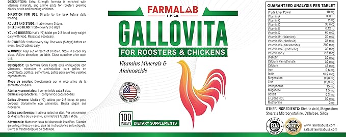 GALLOVITA para Gallos 100Tabs Vitamins Minerals Aminoacids for Rooster Hens Chickens Gamefowl Vitaminas Minerales Aminoacidos