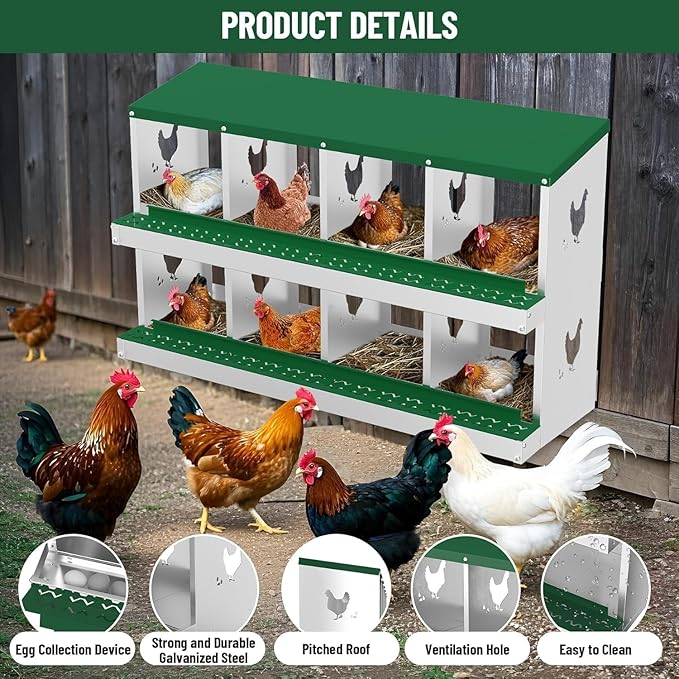 Metal Chicken Nesting Box, 8 Compartments, Rollout Egg Collection, Large Vented Holes, Perch Included, Wall Mount or Free Standing Laying Box for Hens and Chickens - Green