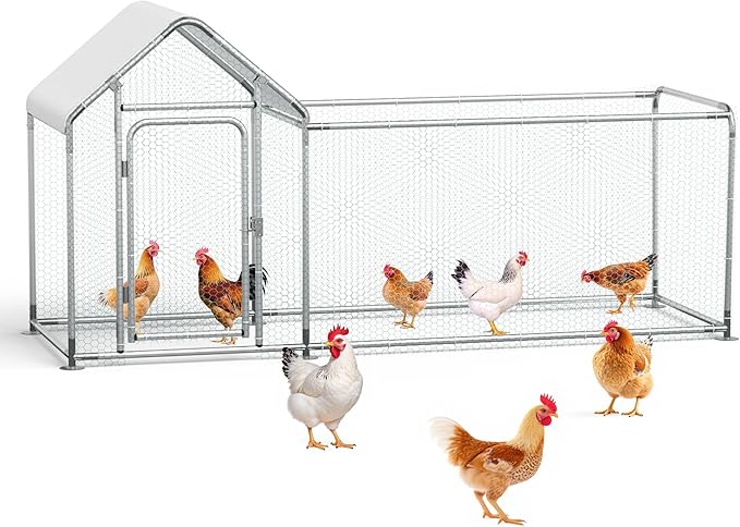 Metal Chicken Coop, Walk-in Chicken Run with Waterproof & Anti-UV Cover Poultry Cage Spire Roof with Lockable Door Chicken Hen House for Duck Rabbit Outdoor Farm