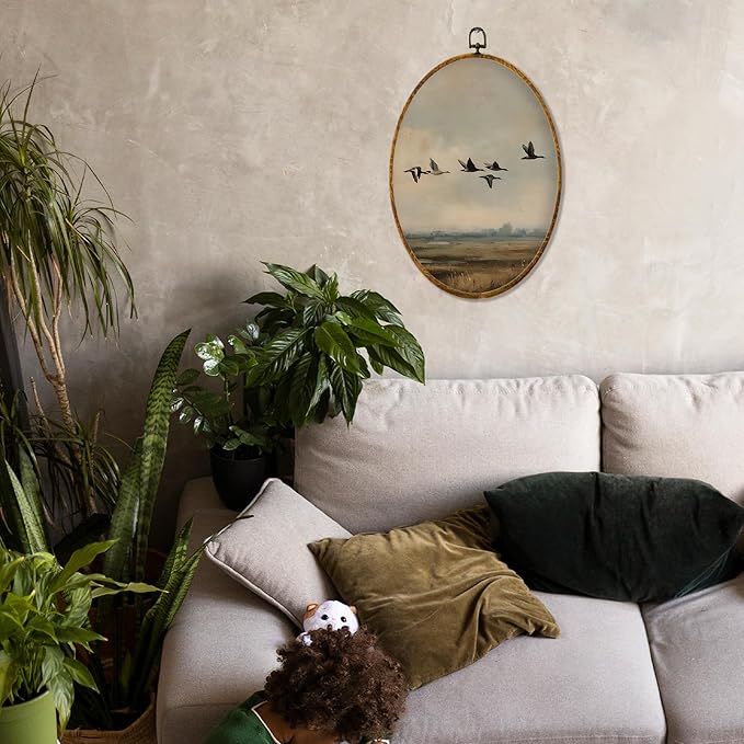 Hiuwevt Moonlight Floral Owl Oval Wall Art Decor, Vintage Farmhouse Waterfowl Framed Canvas Prints, Rustic Mallard Duck Oval Wall Hanging Decor for Country Farm Home Room Decorations, 8.6x11.4 Inches