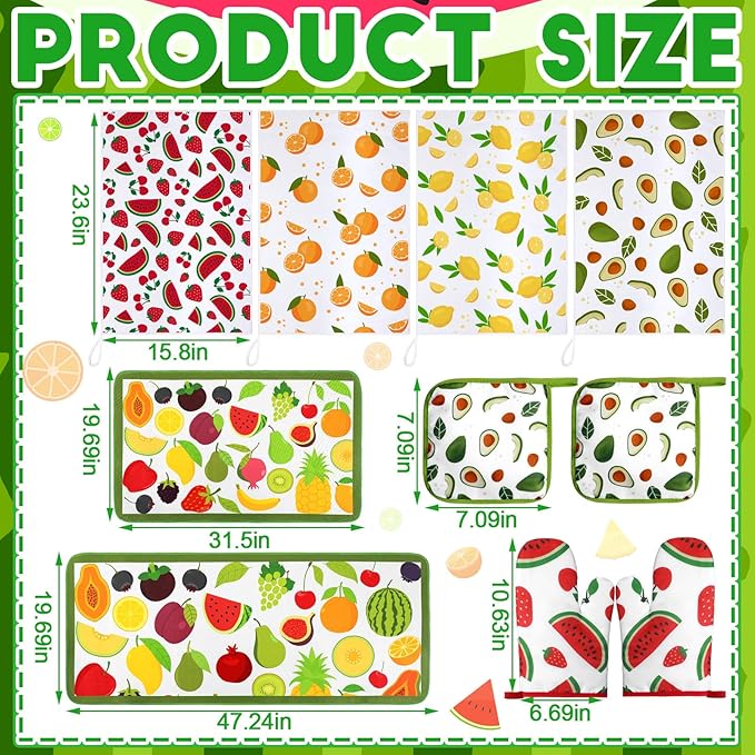 10 Pcs Fruit Kitchen Dish Towels Rugs Oven Mitts and Pot Holders Set Farmhouse Kitchen Decor Set for Women Mom Daughter Gift Cooking Baking Grilling(Lively Color)