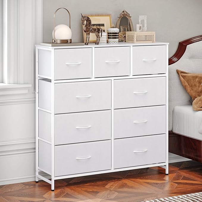 WelFurGeer 9-Drawer Dressers with Sturdy Metal Frame - Tall Chest Organizer Unit with Fabric Bins, Storage Chest of Drawers for Bedroom, Living Room, Hallway, Entryway, Closet, White