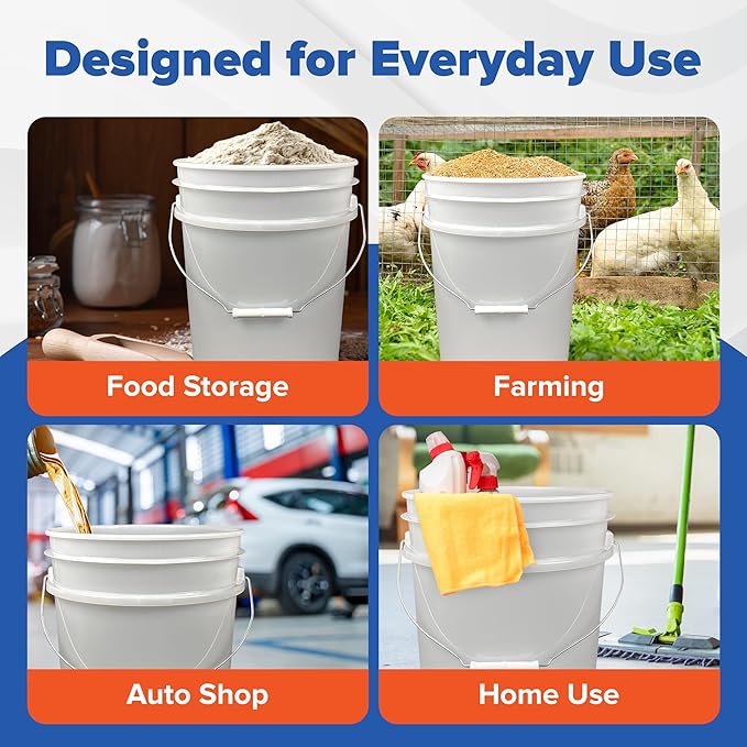 ePackageSupply 5 Gallon Plastic Bucket with Airtight Lid | Made in USA | Food Grade Bucket | BPA-Free | Heavy Duty 90 Mil All Purpose Pail | One 12" Rubber Mallet & One Lid Opener Included | 6 Pack