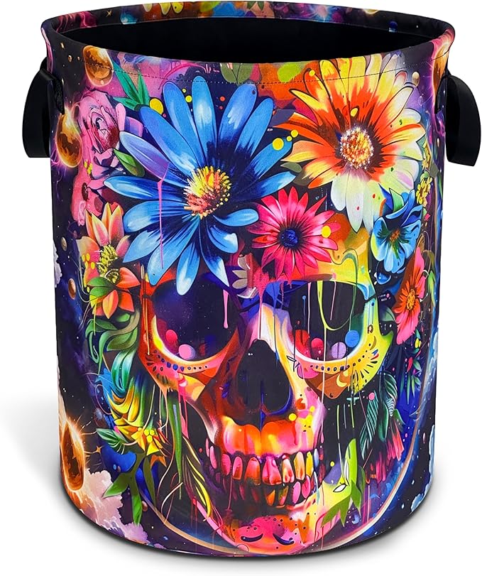 Skull Flowers Laundry Basket Oxford Cloth Funny Skeleton Laundry Hamper With Handle Foldable Portable Clothes Storage Basket 18.9 X 16.5 In Storage Bag For Laundry Room/Bathroom/Bedroom/Dormitories