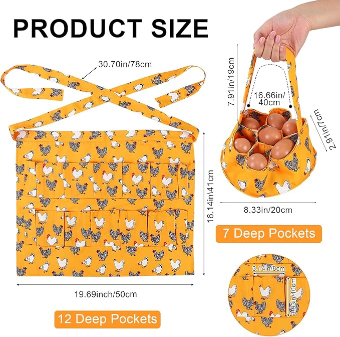 Egg Collecting Apron and Basket, 12 Pouches Chicken Egg Apron, 7 Pouches Chicken Eggs Basket, Collector Chicken Eggs