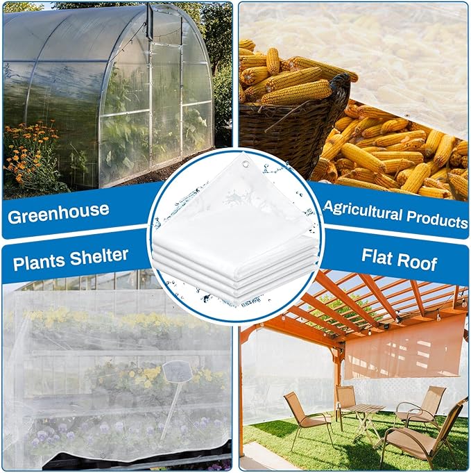 4 Pcs 6x8 ft Clear Tarp with Grommets Heavy Duty Transparent Tarp Waterproof 8mil Green House Cover with Rope for Plant Garden Patio Chicken Coop Porch (Woven Style)
