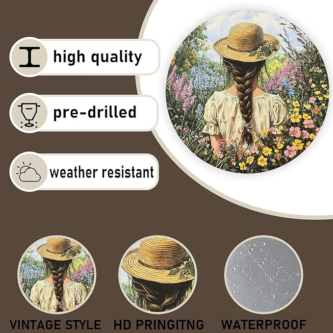 Funny Girl Flowers Funny Round Garden Metal Signs Vintage Tin Sign Retro Wall Wreath Decor for Home Garden Yard Bar Cafe Farmhouse Garage Indoor Outdoor 8 Inch