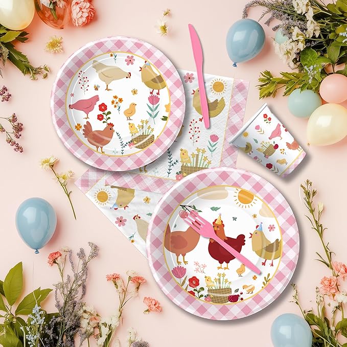 Chicken Party Decorations Tableware for Birthday Baby Shower, Farm Animal Barnyard Little Chick Birthday Party Supplies, Plate, Cup, Napkin, Straws, Disposable Cutlery, Tablecloth, 24 Guests