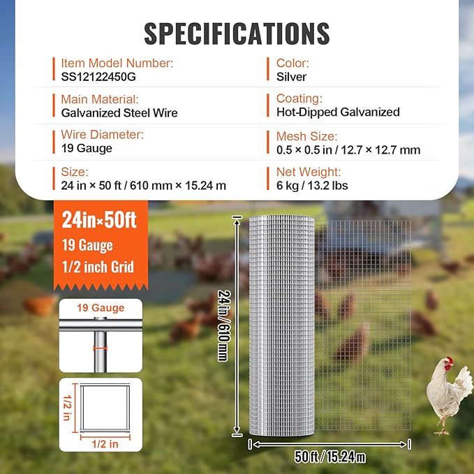 VEVOR Hardware Cloth, 1/2 inch 24in x 50 ft 19 Gauge, Hot Dipped Galvanized Wire Mesh Roll, Chicken Wire Fencing, Wire Mesh for Rabbit Cages, Garden, Small Rodents