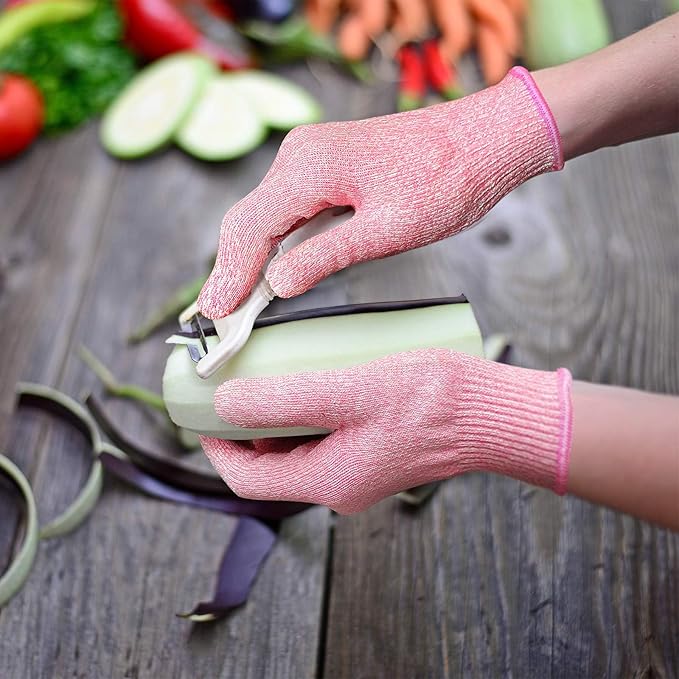 Evridwear Cut Resistant Gloves Food Grade Level 5 Kitchen Safety Protection (Medium, Pink+Green)