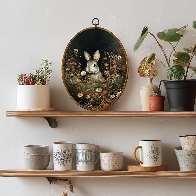Spring Rabbit Canvas Wall Art Print, Wildflower Floral Animal Painting on High-Density Canvas with Pre-Installed Hook, 8.6 x 11.4 Inch Wall Decor for Bedroom, Living Room, Study, Gift for Art Lovers