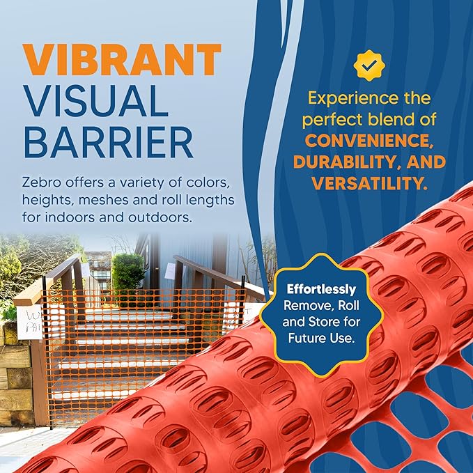 ZEBRO 4' x 100' Orange Plastic Garden Fence Roll – Standard Duty Safety Netting for Snow, Poultry, Deer, Dogs – Reusable Outdoor Barrier for Yard, Landscaping, Animal Protection