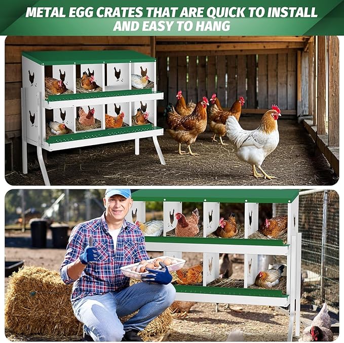 Metal Chicken Nesting Boxes, Heavy-Duty Galvanized Steel Egg Laying Box with 8 Compartments, Rustproof, Easy to Install & Clean, Wall-Mountable Design for Poultry Coops- Green with Stand