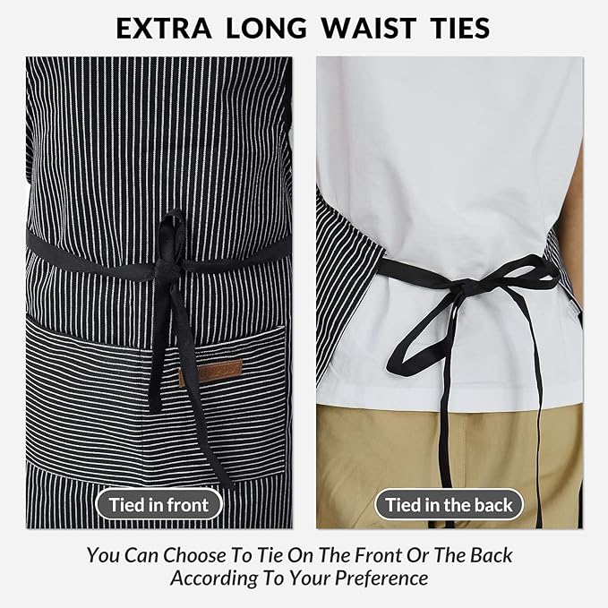 ATROPOS 2 Pack Aprons for Women with Pockets, Cooking Aprons for Women Men, Adjustable Bib Apron Chef Aprons for Kitchen, Cooking, BBQ, Cleaning（Brown/Black Pinstripes）