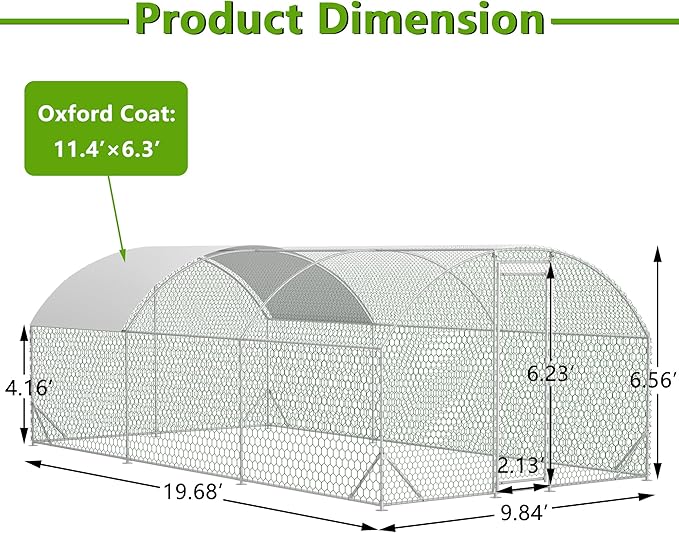 KEIKI Large Metal Chicken Coop, Chicken Run with Waterproof Cover, Farm Poultry Run Hutch Hen House, Heavy Duty Outdoor Walk-in Chicken Pen for Poultry Duck Rabbit, 19.68ft x 9.84ft x 6.56ft