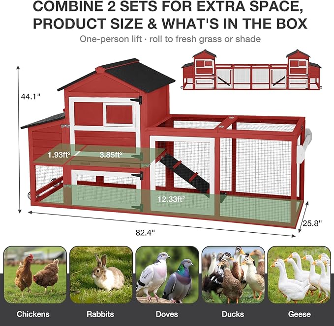 Large Chicken Coop with Wheels, Outdoor Wooden Hen House with Run & Nesting Box, for 3-5 Chickens, Waterproof Asphalt Roof, Leakproof Tray, Expandable Poultry Cage-Red