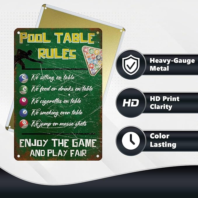 Retro Pool Table Rules Tin Sign Vintage Metal Poster Nostalgic Wall Art Bar Pub Man cave Shop Living Room Bedroom Game Room 12 * 8 In