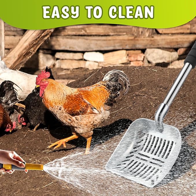 48 Inch Metal Chicken Coop Pooper Scooper (16 to 48 Inch) Long Handle Scooper with Detachable Stainless Steel Long Handle Gloves Accessory for Cleaning Chicken Coop(Silver)