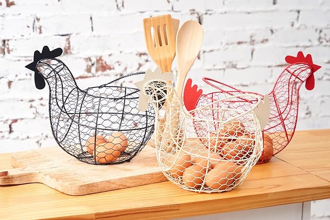 tag 11.5 inch Black Farmhouse Rustic Vintage Chicken Wire Egg Basket with Handle for Egg Holder Fruit and Kitchen Living Room Home Rooster Decor Decoration Collecting and Countertop Storing Eggs