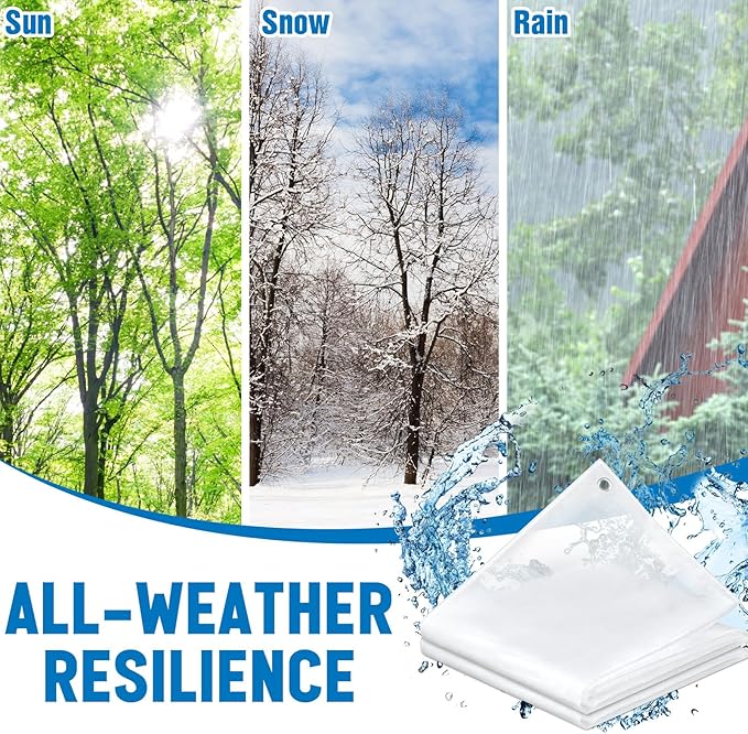 2 Pcs 6x8 ft Transparent Tarp Clear Waterproof Weatherproofing Tarp with Grommets Green House Cover 8mil Plant Cover Shed Cloth with Rope for Greenhouse Henhouse Porch (Woven Style)