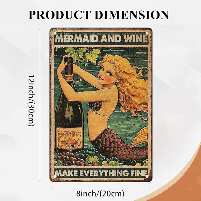 Mermaid Vintage Tin Sign Mermaid And Wine Make Everything Fine Funny Metal Sign for Home Living Room Kitchen Garden Bedroom Office Hotel Cafe And Pub Decoration 8X12Inch
