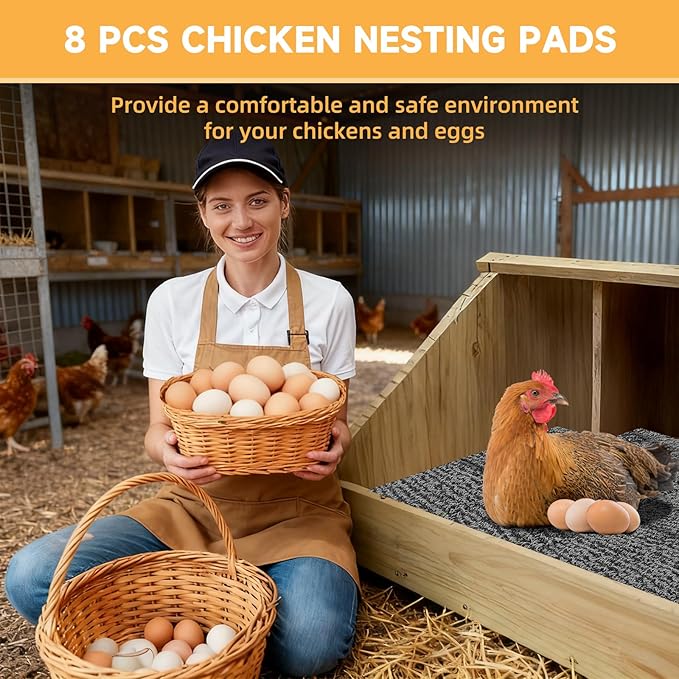 DRQ 8 Pcs Nesting Pads for Chicken Coop - Washable Chicken Nesting Pads, Reusable Chicken Coop Accessories for Hen Laying Mats 12"×12" (Gray)