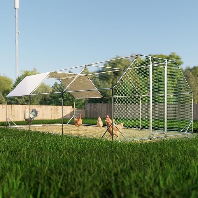 Large Metal Chicken Coop with Waterproof Cover, Walk-in Poultry Cage for 30 Chickens, Rabbits, Ducks, Outdoor Pen