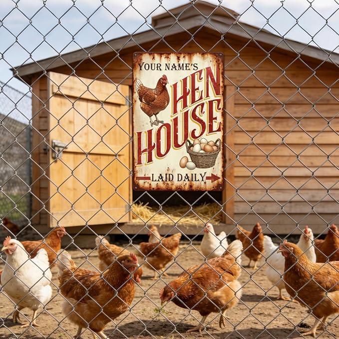 Custom Name Hen House Tin Sign, Personalized Vintage Style Chicken Coop Sign Decor, Rustic Farmhouse Metal Plaque, Ideal Farmhouse Decor for Coops & Home
