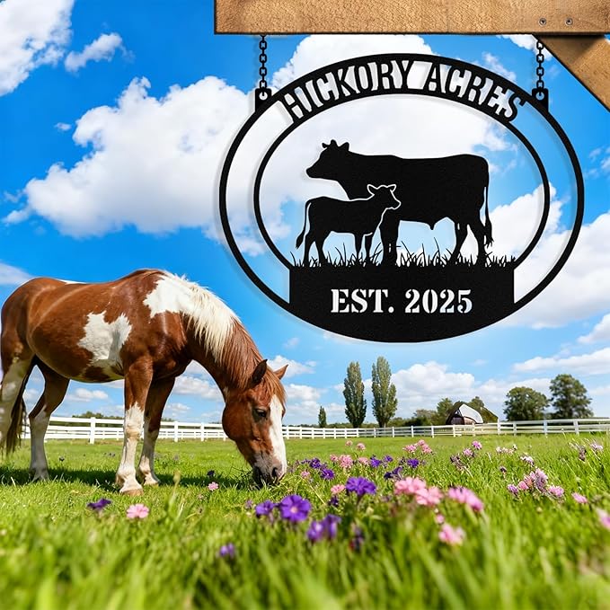Personalized Farm Cow Calf Signs, Custom Ranch Sign, Customized Farm Metal Signs Outdoor, Custom Large Hanging Family Name Cow Sign for Farms, Ranch, Barn, Farmhouse