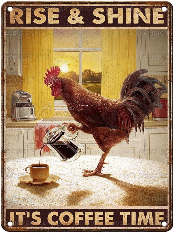 Vintage Chicken Tin Sign Rise & Shine It's Coffee Time Retro Coffee Metal Sign Funny Chicken Lovers Nostalgic Rustic Wall Decor For Home Farmhouse Poultry House Kitchen Cafe Bar 16 * 12In