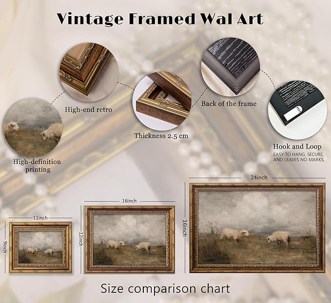 Vintage Gold Framed Farmhouse Animal Wall Art Retro Country Sheep Oil Painting Wall Decor Farm lamb Canvas Prints Retro Rustic Poster Artwork for home decor kitchen Living Bedroom 16x24in