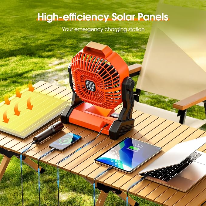 Drchop Solar Camping Fan, 【Max 60H Runtime】 10W Solar Powered Fans with Solar Panel, Rechargeable Fan & Led Lantern, Battery Operated Powered Outdoor Tent Fans for Camping Summer Essentials (Orange)