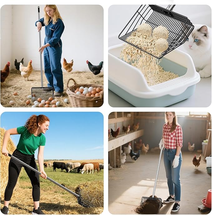 Extra Wide Chicken Poop Scooper 10inch, 3-in-1 Durable Detachable Chicken Coop Scoop for Sand (36 to 66"), Sifting Shovel Pooper Scooper for Chicken Coop/Goat Stall/Stable/Farm Cleaning Must Haves