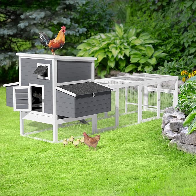 117'' Large Chicken Coop for 4-8 Chickens, Wooden Hen House with Run & 4 Nesting Boxes, Outdoor Poultry Cage Rabbit Cage Duck House with Ramps & Tray, 116.5''L*59''W*46.6''H