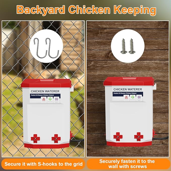 Heated Chicken Waterer 3 Gallon, Chicken Water Heater for Winter, Freeze Proof Chicken Waterer, 4 Nipples for Clean Water，Detachable Legs, Adjustable Height for Chickens, Pigeons, Beaked Poultry