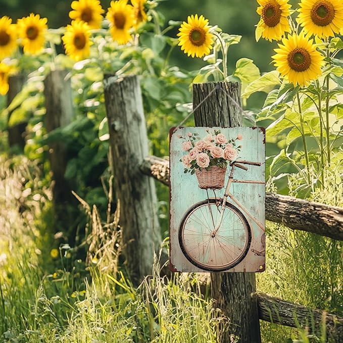 PEACHGARDEN Vintage Spring Metal Sign Bike with Flower Wall Decor Farmhouse Decor for Home Cafes Office Store Pubs Club 8x12inch